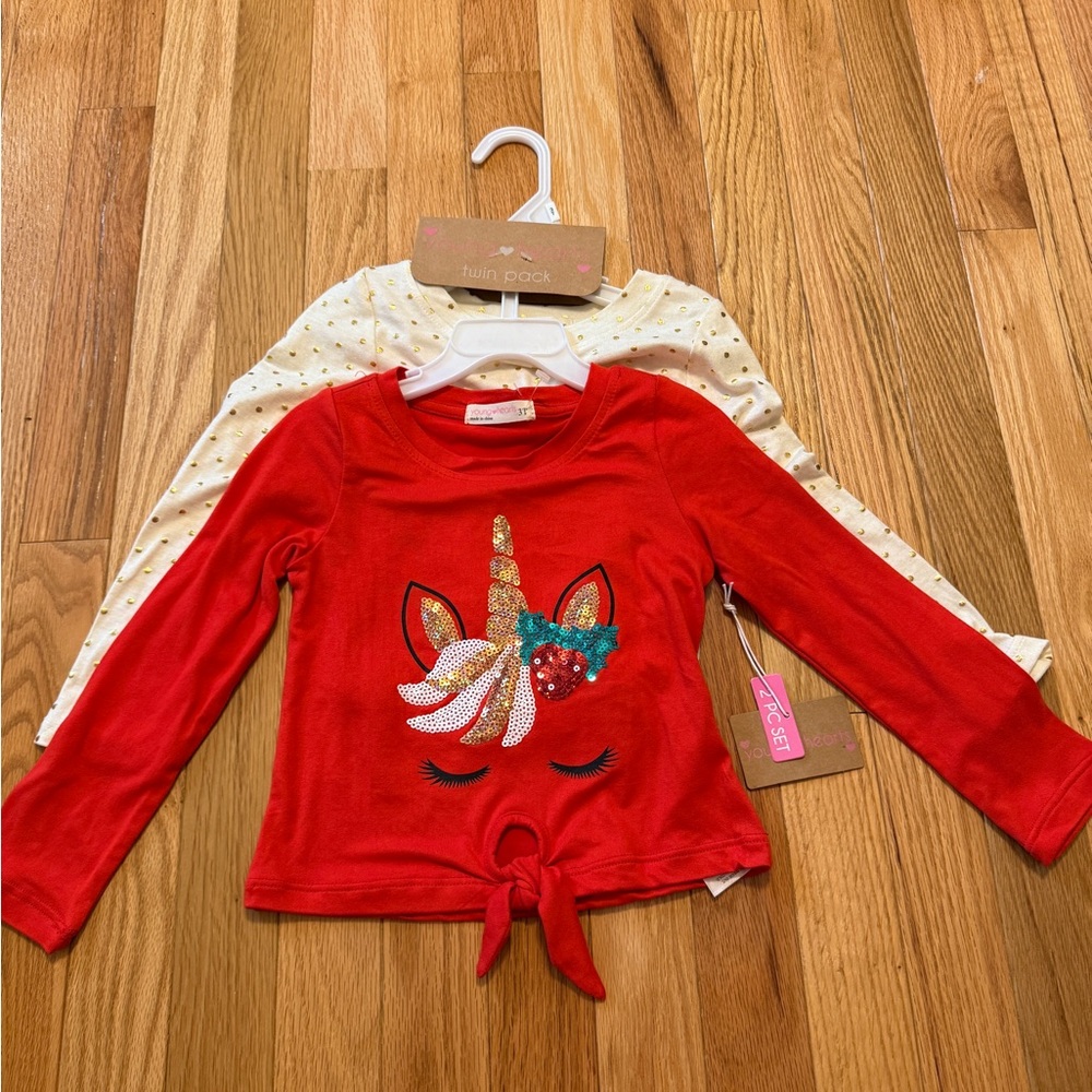 Red Unicorn Kids Christmas Shirt and Shirt with gold dots